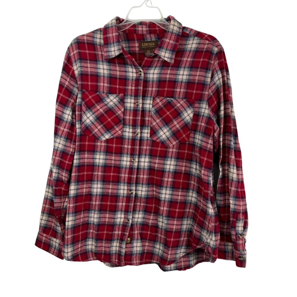 Lincoln Outfitters Red Blue Plaid Flannel Button Down Shirt Womens 2XL Cotton